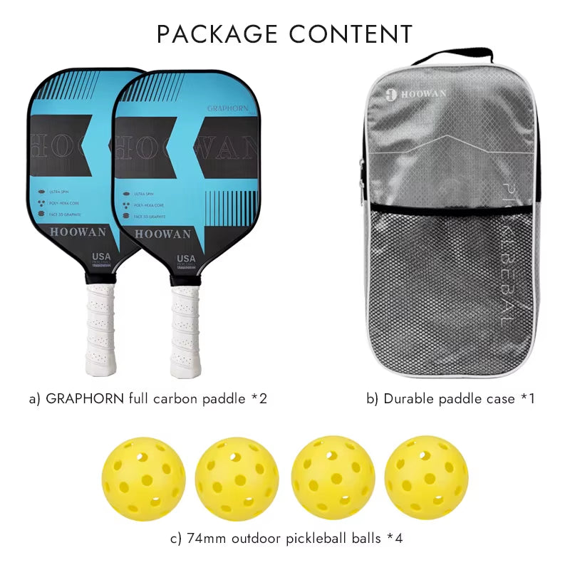 GRAPHORN MAX Pickleball Paddle Set of 2 Pcs Full Carbon Pickeball Rackets, 4 Pcs Outdoor Balls & 1 Case Bag