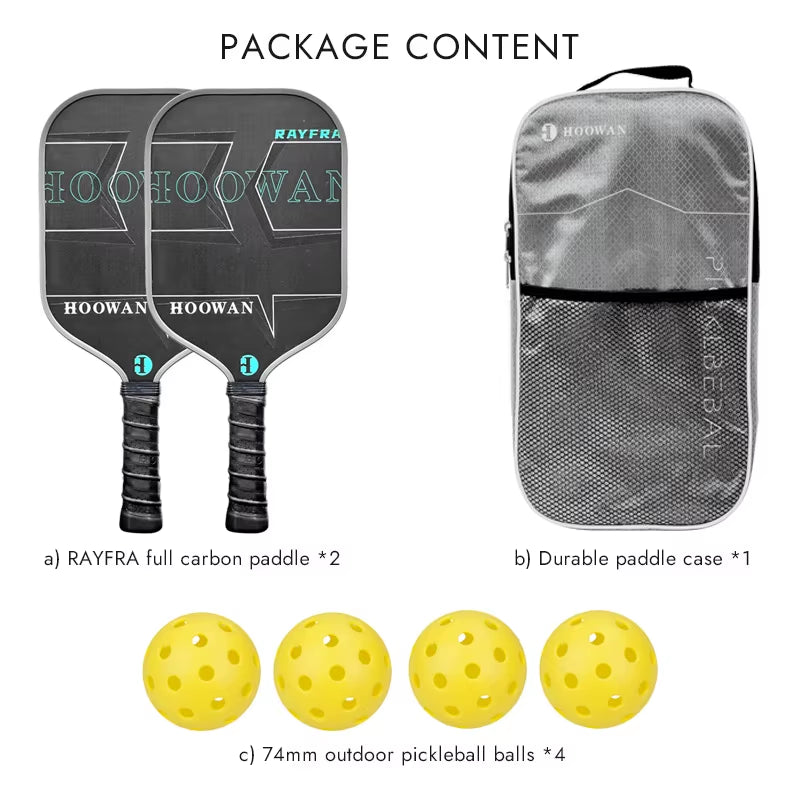 RAYFRA Pickleball Paddle Set of 2 Full Carbon Pickleball Rackets, 4 Outdoor Durable Balls & 1 Portable Paddle Case Bag